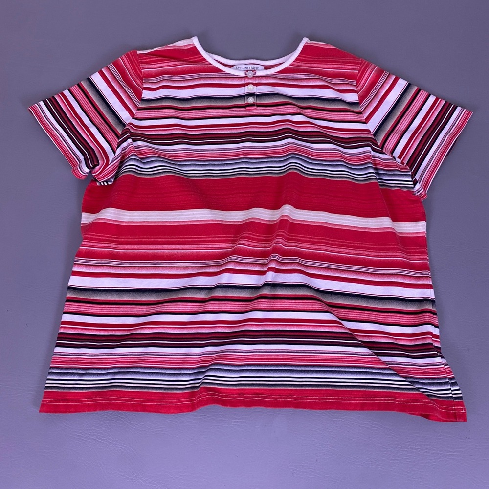 Breckenridge Henley Shirt Top Plus Size Woman 2X Red Short Sleeve Striped *Flaw